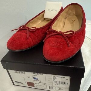 CHANEL Quilted Red Flats with Bow